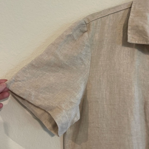 Chico's Women’s Shift Mini Dress Medium Tan Foiled 100% Linen Contemporary - Picture 10 of 17